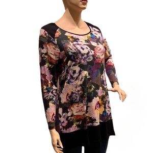 X-TWO Long Tunic Mini Dress Plus Size 2X Black Floral Long Sleeved Career Casual